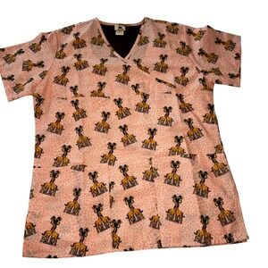 Black Star Pink Giraffe Print Mock Wrap Scrub Top V-Neck Small Short Sleeve